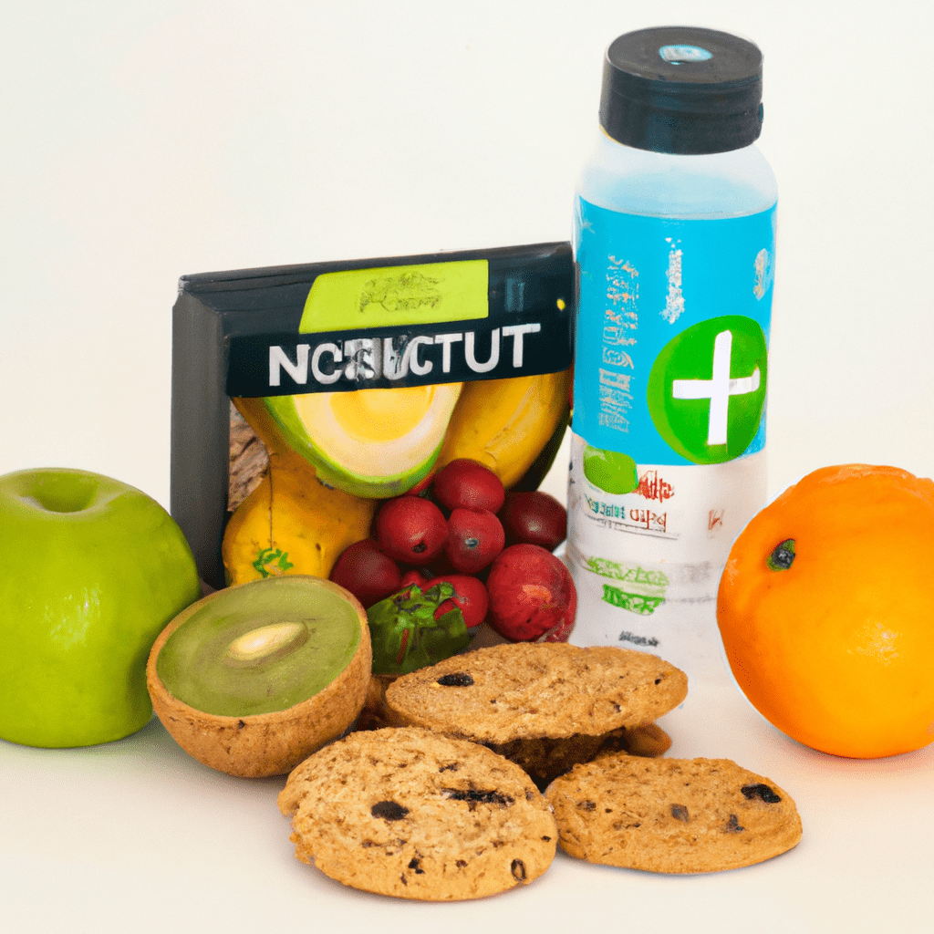 Una caja de galletas Nutri H, rodeada de frutas y una botella de agua, representando una alimentación equilibrada y saludable.