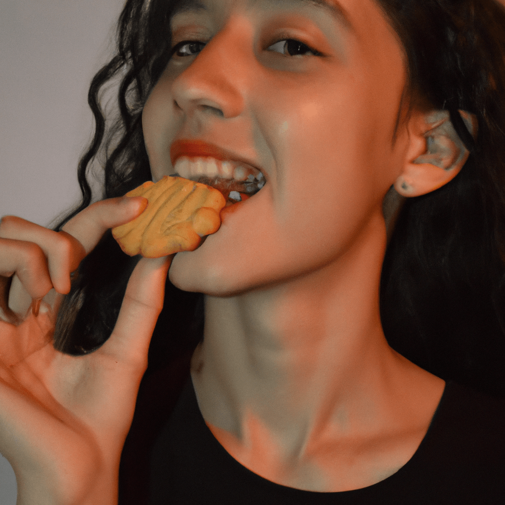 Una persona feliz disfrutando una galleta.